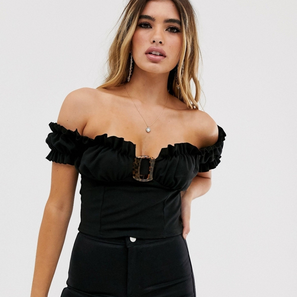 Missguided black off shoulder milkmaid croptop